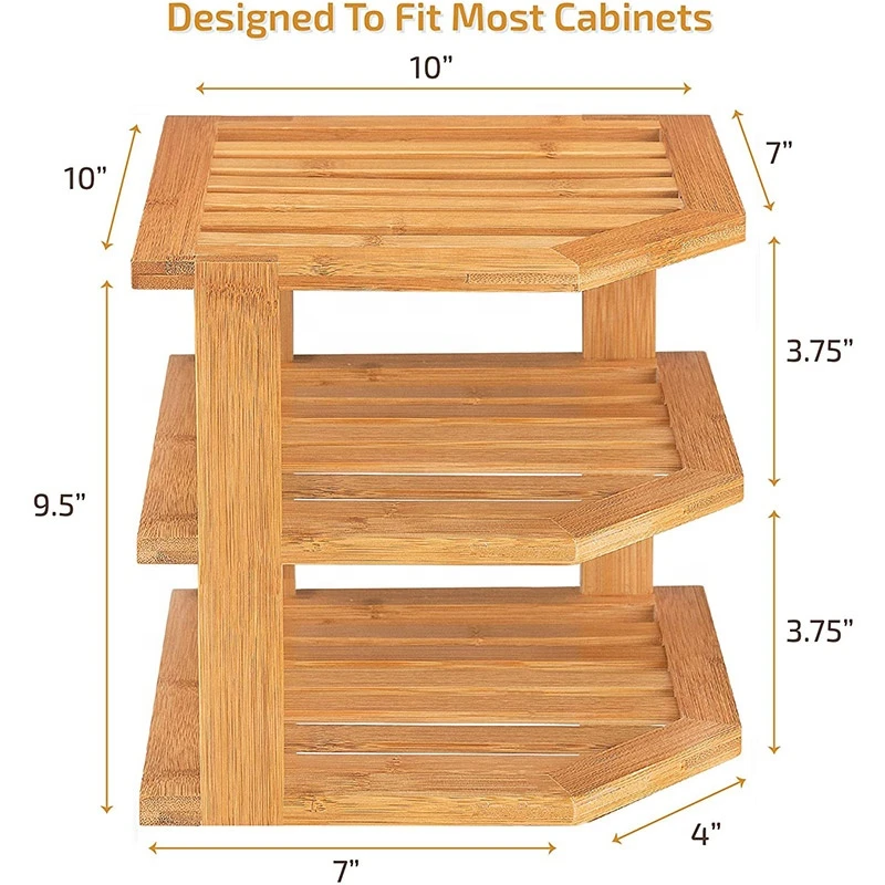 Bamboo Corner Shelf Storage Organizer - 3 Tier Kitchen Corner Rack for Plates - Countertop, Cabinet & Pantry Organization