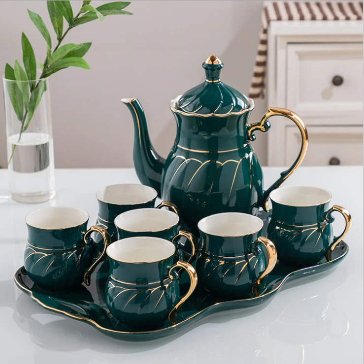Ceramic Gold Rim Decor Coffee Tea Cup Sets With 1 Teapot and 1 Tray