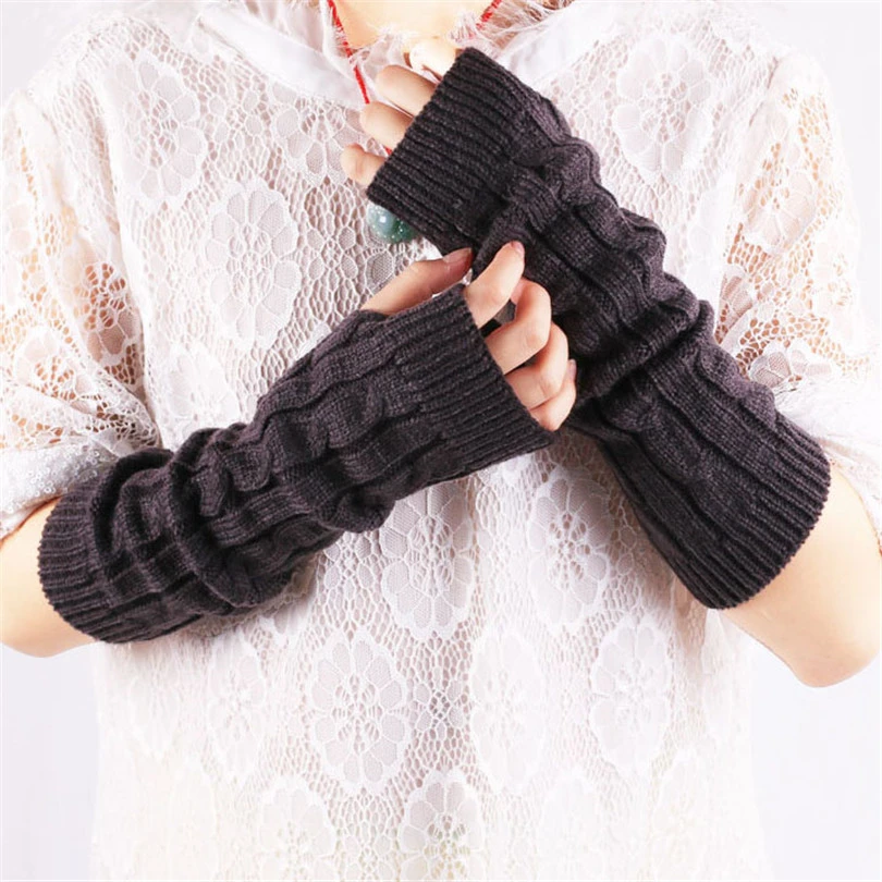 CUHAKCI Winter New Fashion Warm Long Fingerless Gloves Women Male Fashion Knitted Arm Chic Elastic Cuffs Mitten For Female