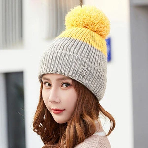 Custom logo winter beanie hats with Pom poms knitted pattern cuff beanie cap for women mens