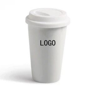 Custom sublimation double wall ceramic coffee mug travel coffee cup  with silicone lid