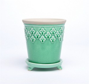Customized size relief pattern glazed ceramic flower planter pot with tray for plants