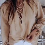 Deep V Neck Lace Up Loose Bohemian Women Blouse Pure Color Chiffon Lantern Sleeve Casual Elegant Top Shirt