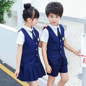 Embroidered logo waistcoats skirt and short uniform design for elementary school students