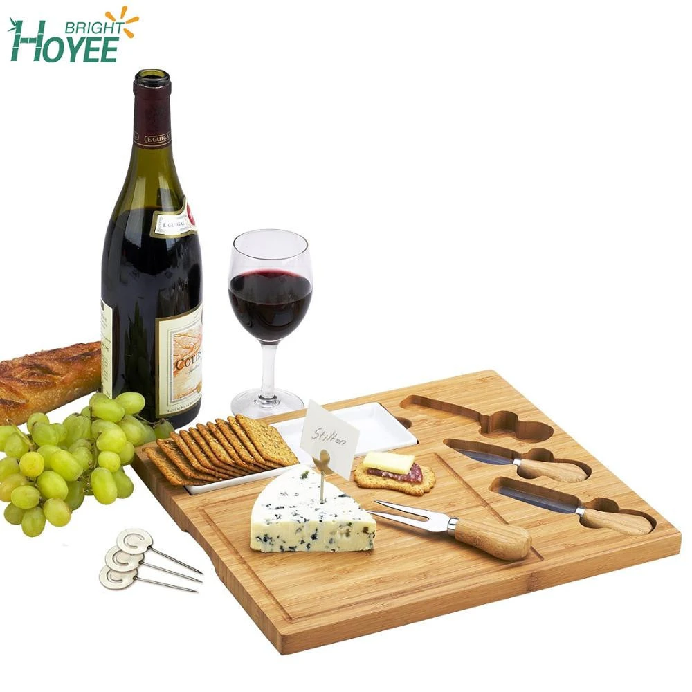 Engraved Bamboo Cheese Board  Wood Cutting Board for Cheese &amp; Charcuterie Platter includes Knives Ceramic Dish Cheese Markers