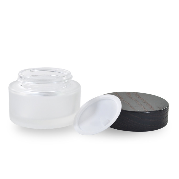 Environmentally friendly cosmetic 30g 50g 100g frosted clear glass Cream Jar with black bamboo wood lid