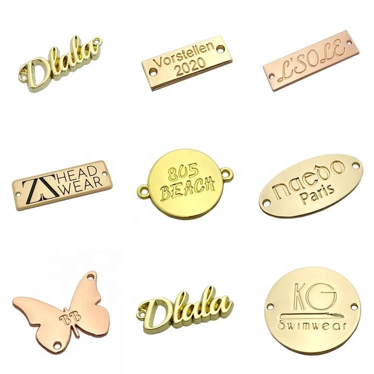 European standard custom light gold plating brand name logo engraved metal garment label tags