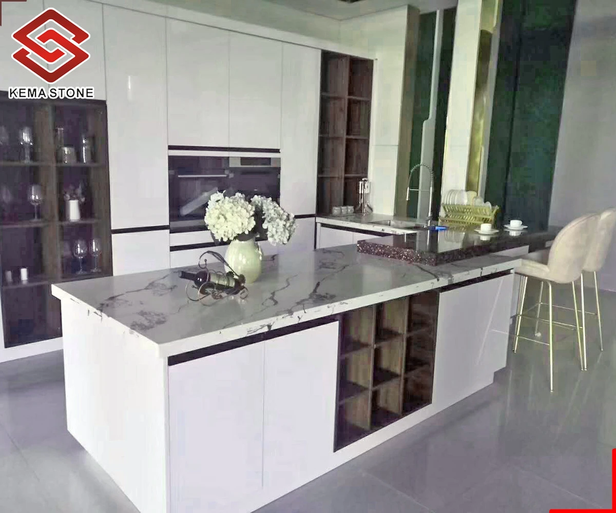 Factory Price Glossy Black Quartz Countertops and Vantity tops with White Cabinets for Kitchen and Bathroom
