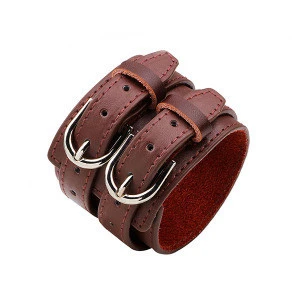 Fashion Double Belt Leather Wrist Friendship Big Wide Bracelet for Men Buckle Vintage Punk Jewelry