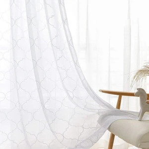 [Free Shipping]White Sheer Embroidery Trellis Design Grommet  With Hook Window Curtain For Home Decorative