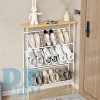Free Standing Work Boot Display Rack with Slat Wall Shoe Shelves and Wooden Base