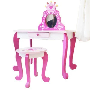 High quality MDF wooden kids dressing table and chair set with stool for girl