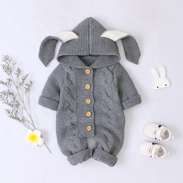 Hot sale baby rompers children&#x27;s stereoscopic rabbit ears hooded baby+rompers knit baby clothes newborn