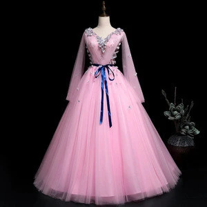 HQ180 New Girls Homecoming Dress Elegant Long Sleeves Maxi Prom Dress Tulle Pink 2019 Women Evening Party Wear