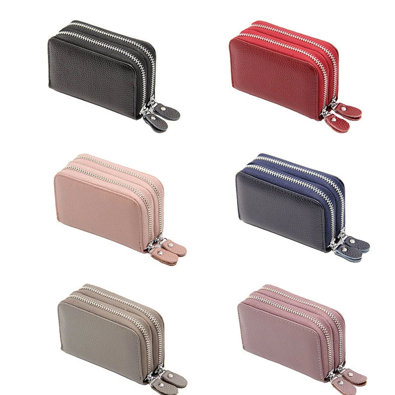 In Stock RFID Blocking Leather Credit Card Holder Wallet with two zippers