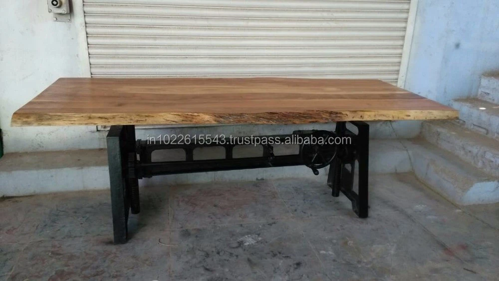 Industrial Crank Dining Table With Live Edge Top, Acacia Wood Slab crank Dining table
