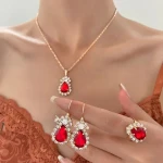 INS Droplet Jewelry Set Personalized Fashion Colorful Rhinestone Necklace Earrings Ring Set Bridal Jewelry
