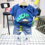 Kids clothing sets cartoon cotton ouch t-shirt ripped jean shorts 2pcs denim shorts set fashion trendy 2-7years children boys