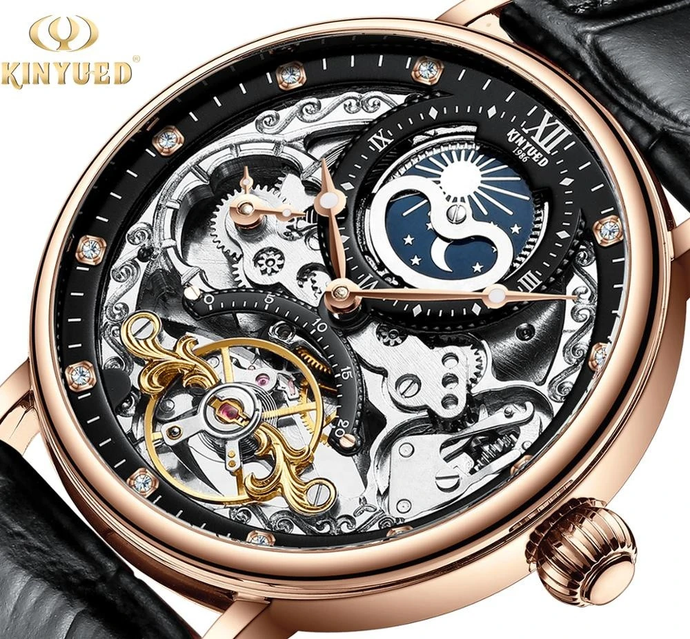 Cheap KINYUED fully automatic mechanical movement Swiss craft skeletonized  perspective bottom men's mechanical watch | Joom