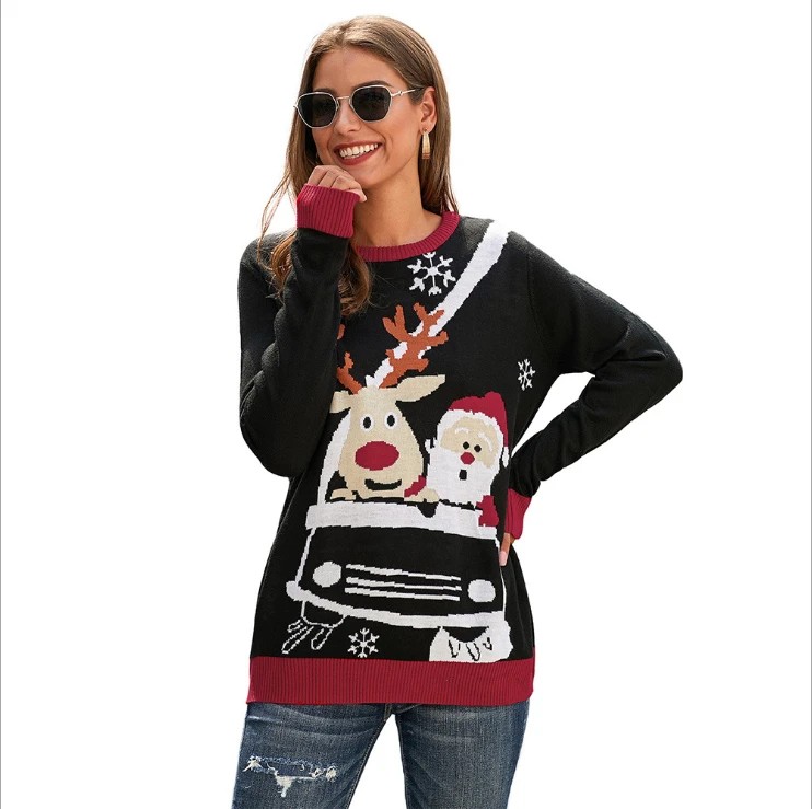 Ladies Christmas Sweater European And American New Style Long-Sleeved Pullover Casual Round Neck Long-Sleeved Knitted Women