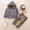 lyc-3139 Cute Pink Baby Girls Clothes Newborn Infant Hooded Sweatshirt Tops Pants Leopard Clothing Set