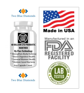 Made in the USA High Potency 40 Billion CFU Probiotic Private Label Supplement Bacteria MAKTREK Bi-Pass Technology