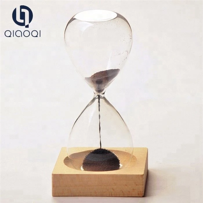 Magnetic Hourglass With Ferrous Sand (Iron Filings) &amp; Wood Base