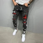 men skinny pants badge jeans men Trendy knee hole biker jeans low cheap price man jeans Denim
