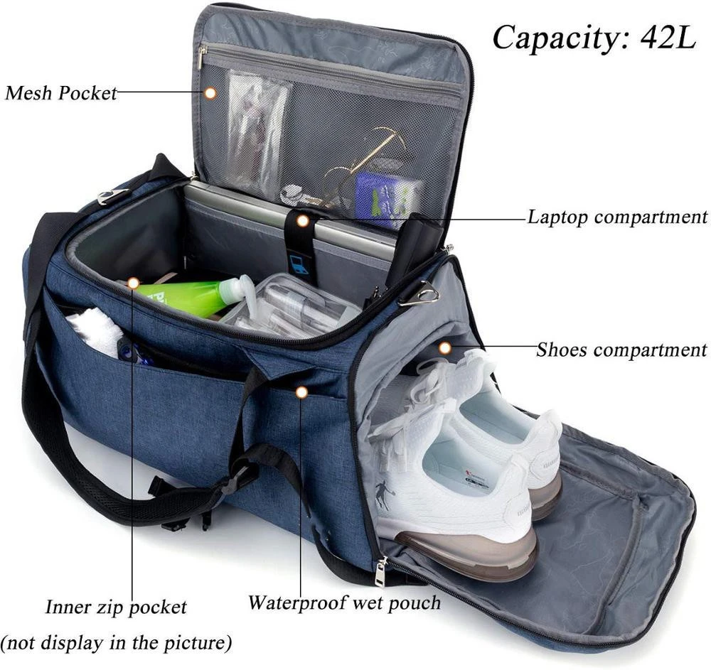 Men Women Durable Sports Gym Shoes Compartment Wet Pocket 42L Waterproof Shoulder Strap Combination Lock Travel Duffel Bag