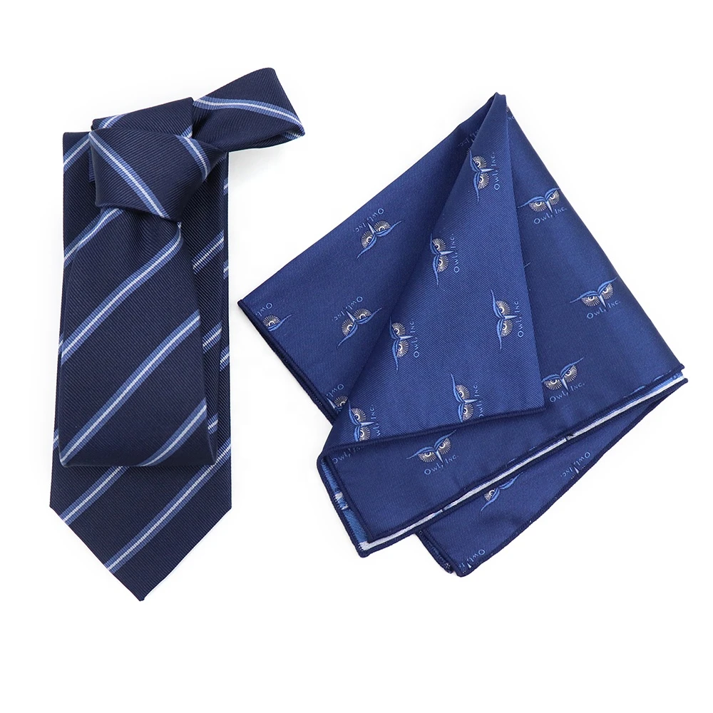 Mens Fashion Brand Silk Ties Blue Owl Logo Men Cravats Stripe Jacquard Woven Necktie and Pocket Square