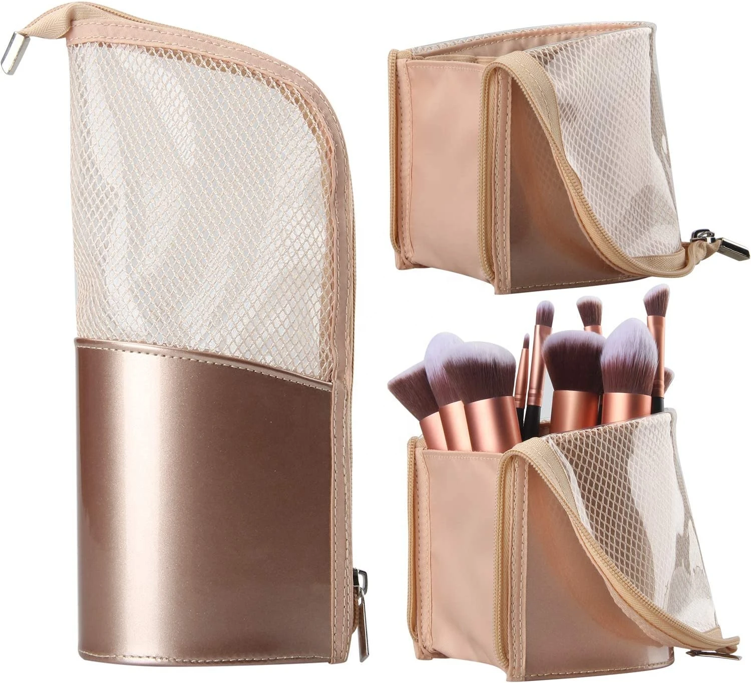 Micani hot selling portable rose gold makeup brush holder organizer bag waterproof stand-up ziplock cosmetic bag