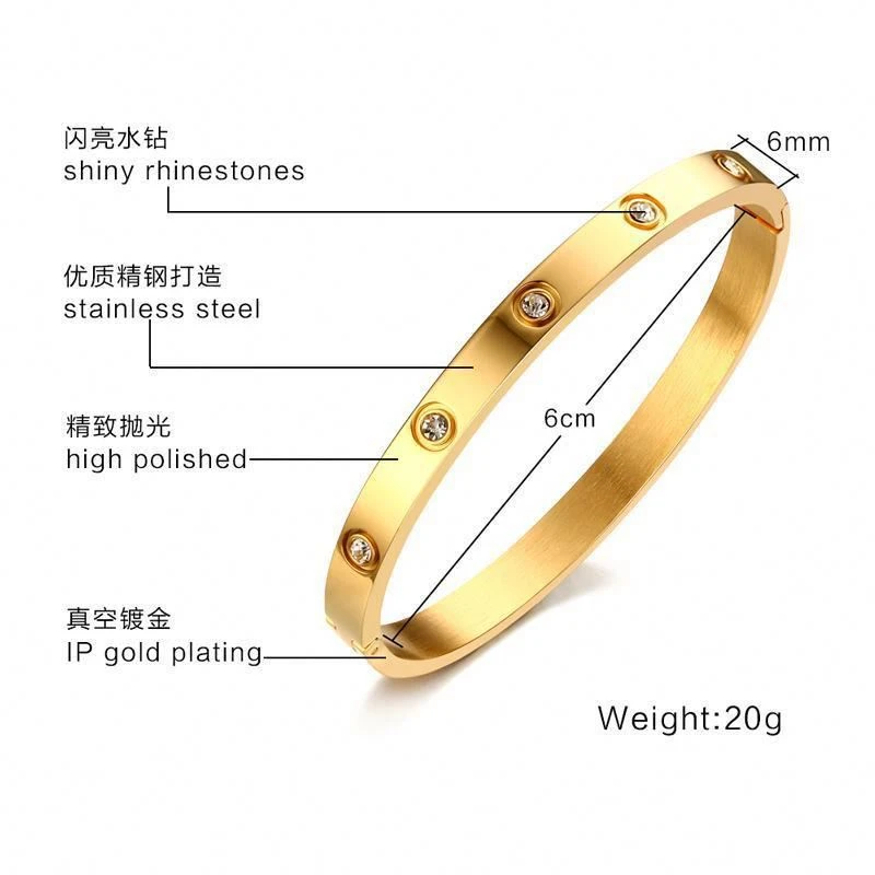 Minimalist Style Gold Color Zircon Setting Stainless Steel Openable Bangles Glossy Bracelet Dylam jewelry