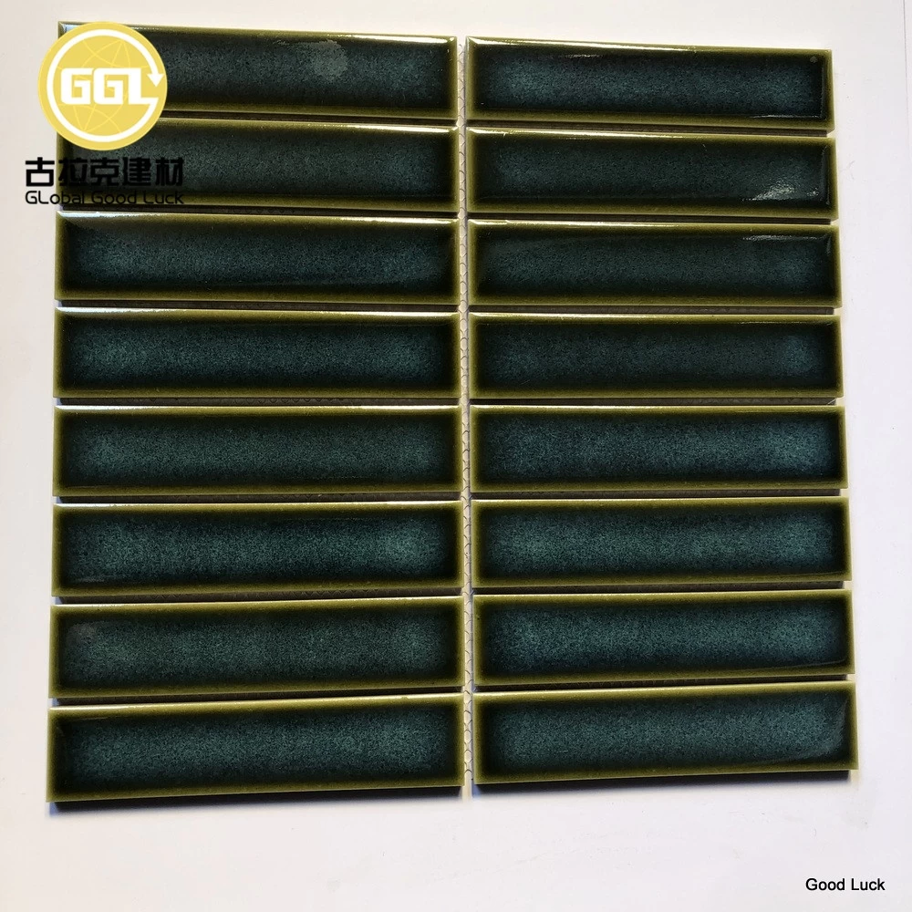 Modern European 15x145mm stack bond finger pattern porcelain mosaic strip tile dark green