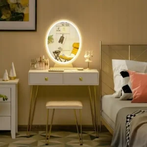 Modern White Gold MDF Plywood Wood Glass Melamine Dressing Table Wooden Wood Makeup Vanity LED Light Mirror Stool for Bedroom