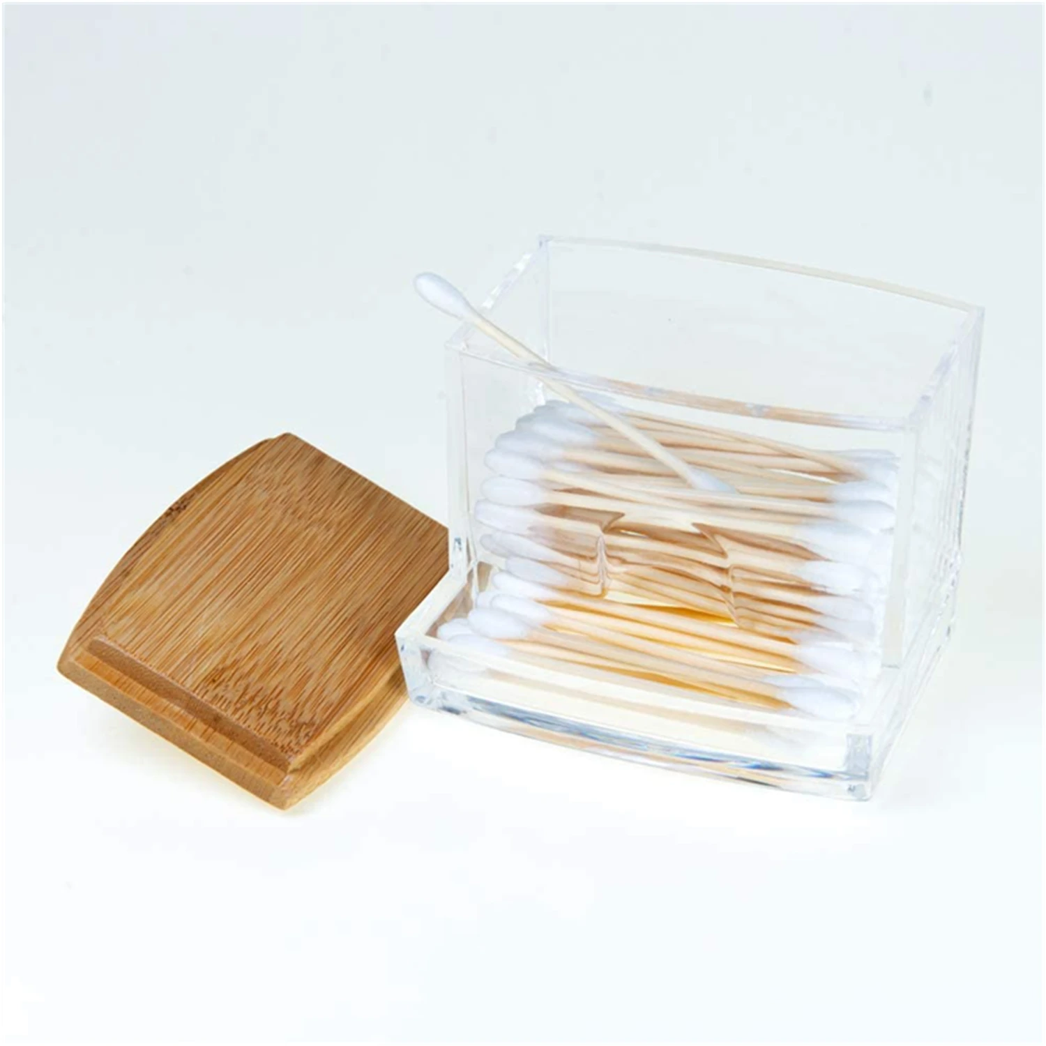 Multi-function Plastic Qtip Cotton Swabs Holder Storage Box with Bamboo Lid Toothpick Storage Container