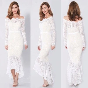 New Spring Autumn Women Girls Solid Color Off Shoulder Lace Eyelash Collar Long Sleeve Pencil Evening Party Cocktail Long Dress