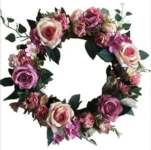 New Style Artificial fabric rose hanging Flower Wreath Faux floral Spring Wreath for Front Door home decoration