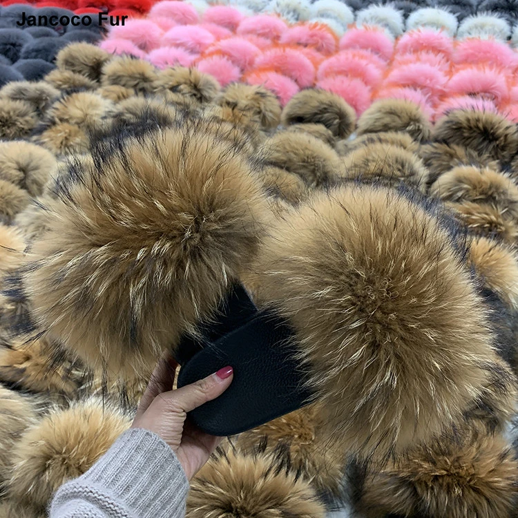 New Style Sandals Fluffy Fur Big Raccoon Fur Slides Fur House Slippers For Women