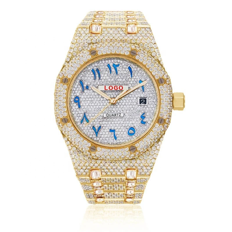 OEM/ODM Low Moq Custom Blue Arabic Number Dial 18K Gold Lab Diamond Luxury Brand Men&#39;s Quartz Watch