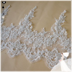 Off white &amp; white heavy beads fancy embroidery bridal lace trim for bridal veil