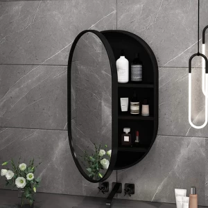 Oval LED Lighted Mirror Cabinet, Wall-Mounted Bathroom Medicine Cabinet, Touch Button, Slow Close Hinge, 19.7X31.5 in, Black, Lights Defogging, A121