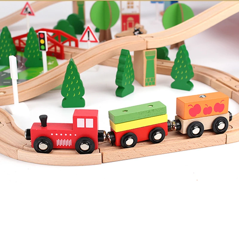 Overpass Wooden Train Play set City Train Rail Set 88 Pcs Complete City Themed Wooden Rail Toy Set for Toddlers with Passenger