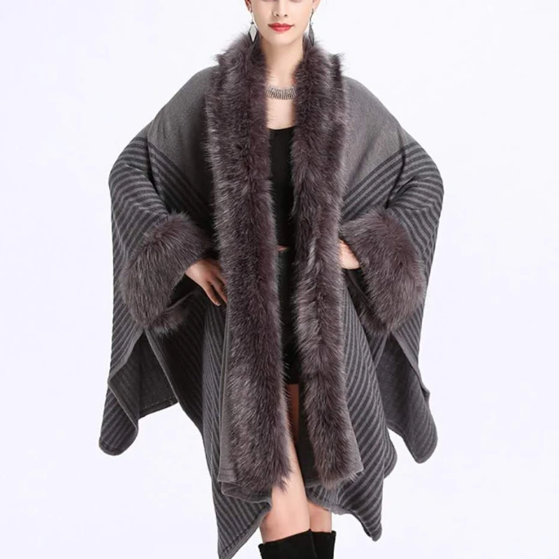 P18D050CH fashion faux fake fur women winter thick cotton cashmere poncho sweater