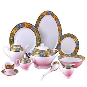Porcelain Rekebot Tibeb Edition Queen Sheba 37pcs Ethiopian Eritrean Dinnerware Plate Set Coffee Cups set