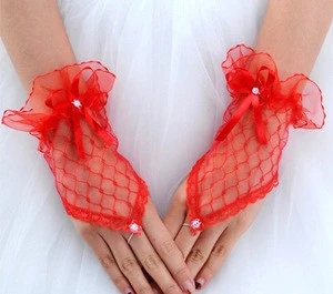Red color pretty wedding cheap lace Bridal lady gloves QCGV-8350