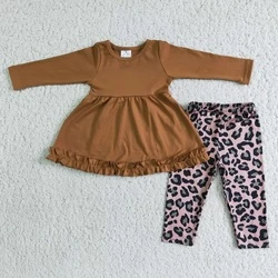 RTS Baby Kids Brown Outfit Long Sleeve Ruffle Tunic Infant Toddler Clothing Boutique Wholesale Girls Leopard Leggings Pants