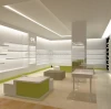 Shoe store design with metal wood display cabinet and Led lighted wall mount shoe display shelf