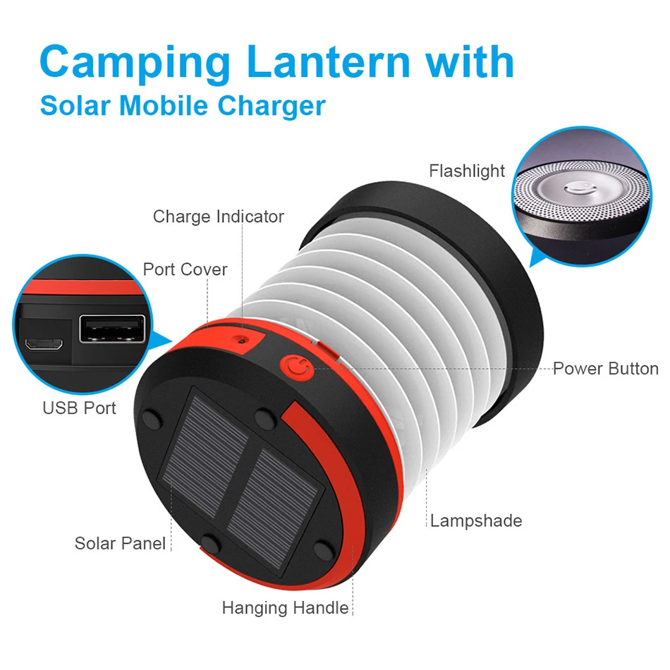 Solar outdoor waterproof portable camping lamp retractable USB rechargeable LED night light power bank mobile phone charger