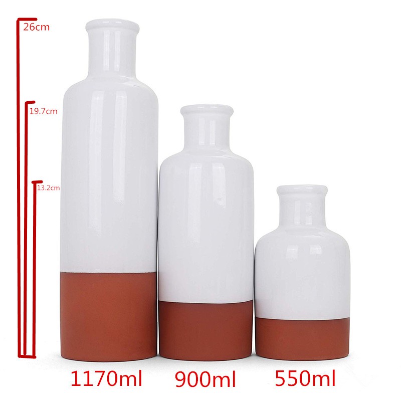 Terracotta Flower Bottle Set - Set of 3 White Bottles - Two-Toned Clay Vase Trio Contemporary Vases