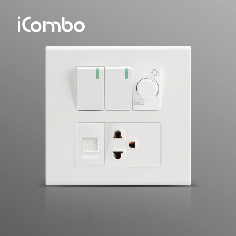 Thailand Wall Electrical Power Multi 3 Pin Switch Socket Outlet  with Power Light Dimmer with TEL LAN Socket CAT3 5 6